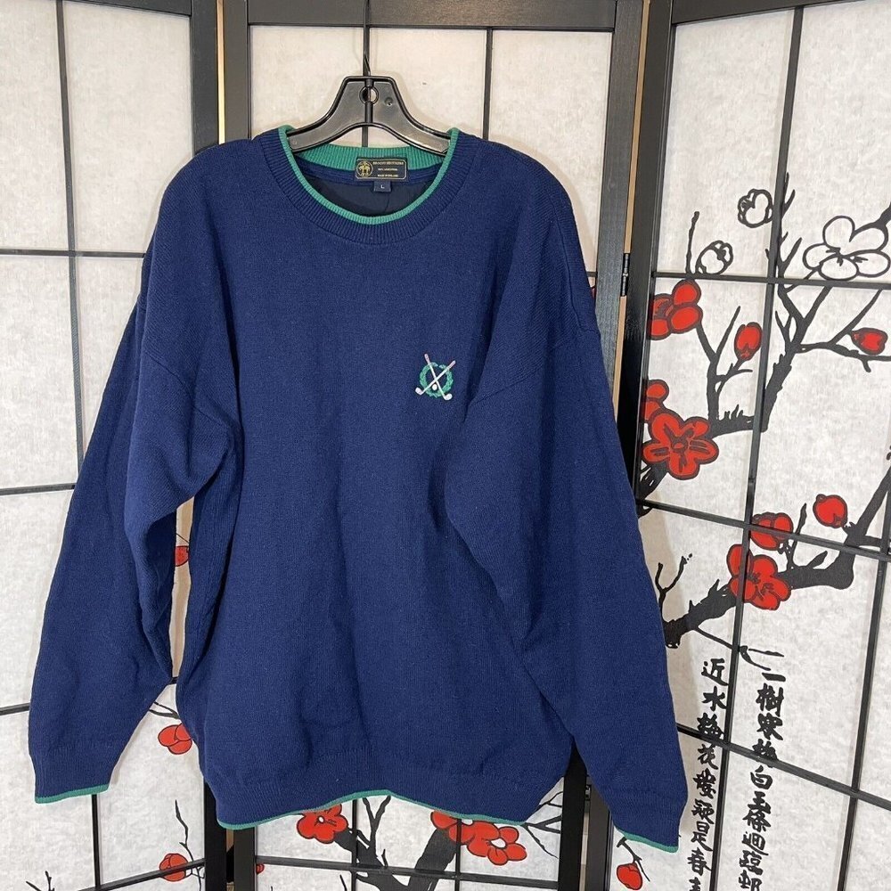 VTG Brooks Brothers 100 % Lambs Wool Navy Blue Green Sweater Jacket Lined Size L